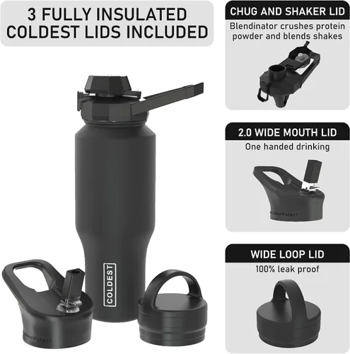 Miniatura 5 de Botella de agua deportiva más fría - Tapas 3 en 1 (Trago, Pajita, Asa) - Vaso aislado de acero inoxidable con asa - Taza de agua al vacío, regalos