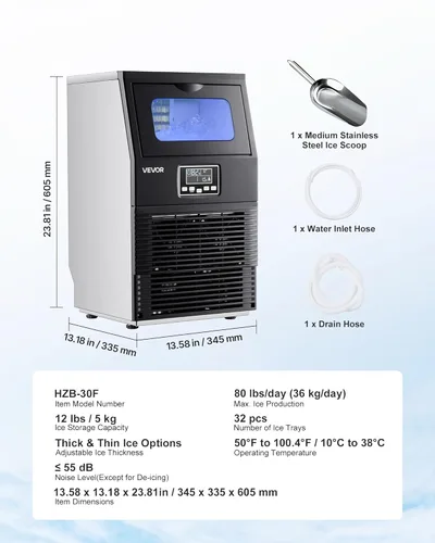 Miniatura 7 de VEVOR Máquina comercial para hacer hielo, 80 libras/24 horas con almacenamiento de 12 libras, 32 cubos por ciclo, máquina de hielo independiente