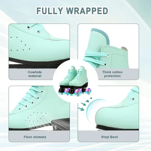 Miniatura 8 de Patines de ruedas para mujeres y hombres, zapatos altos de piel de vacuno, patines clásicos de doble fila, patines de cuatro ruedas para hombres