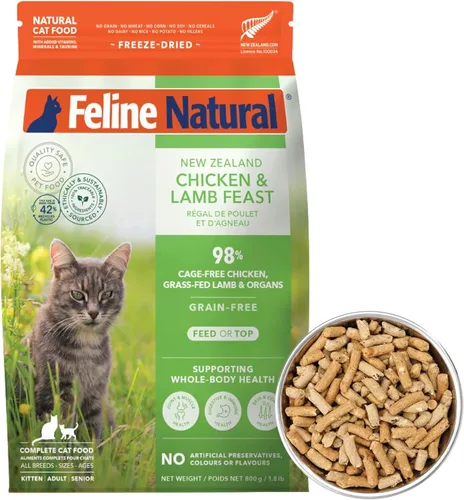 Miniatura 12 de Alimento para gatos seco de alta proteína de Feline Natural, dieta liofilizada con 98% carne, órganos y mariscos, sin guisantes, granos o aditivos