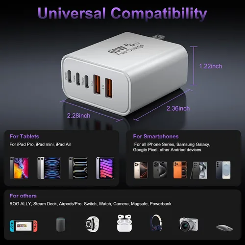 Miniatura 6 de Bloque de cargador de pared rápido USB C, paquete de 2 cubos de carga USBC de 60 W, adaptador de corriente PD+QC de 5 puertos ladrillo multipuerto