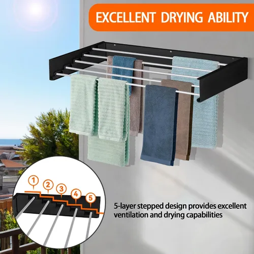 Miniatura 6 de FOCHIER F Estante de secado de ropa para colgar en la pared, plegable, con 5 varillas de aluminio y plantilla de perforación, punta de Negro