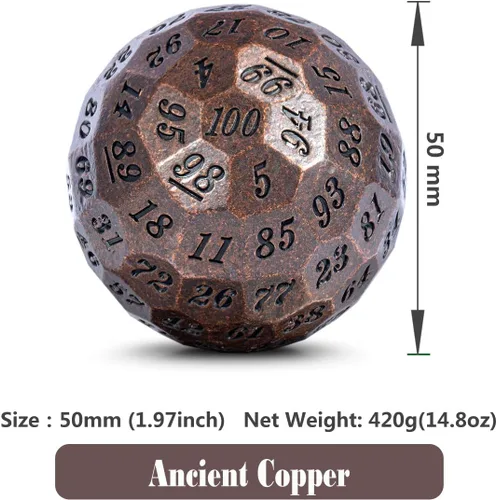 Miniatura 2 de DNDND Dado de metal D100 antiguo de cobre, dado poliédrico de 100 lados de 50mm con estuche de metal y bolsa de terciopelo