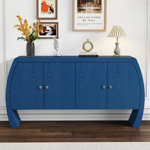 Miniatura 32 de Virubi Armario de buffet acanalado de 63 pulgadas con almacenamiento, puertas y estantes ajustables, mesa consola curva de madera con Azul marino
