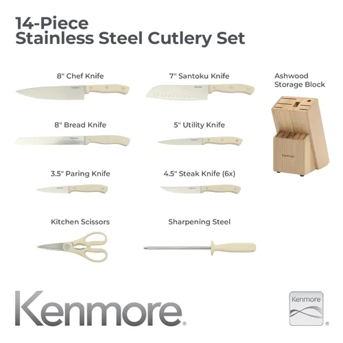 Miniatura 3 de Kenmore Kane - Juego de 14 cuchillos de cocina de acero inoxidable, asas ABS de triple remache, blanco crema, para chef, pan, utilidad, pelar