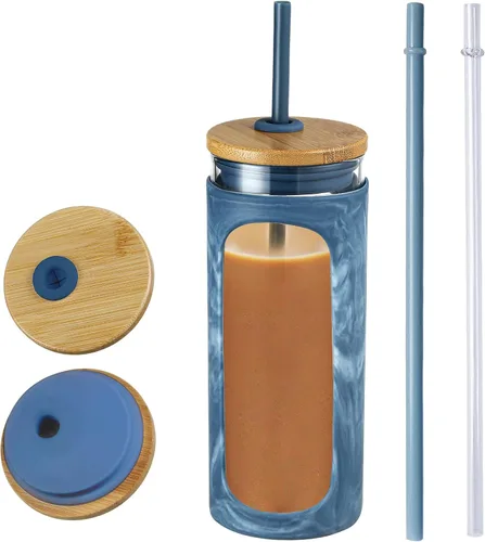 Miniatura 33 de Kodrine Vaso para agua de vidrio de 20 onzas con popote y tapa, botella de agua con tapas de bambú, taza para café helado, reutilizable, boca ancha