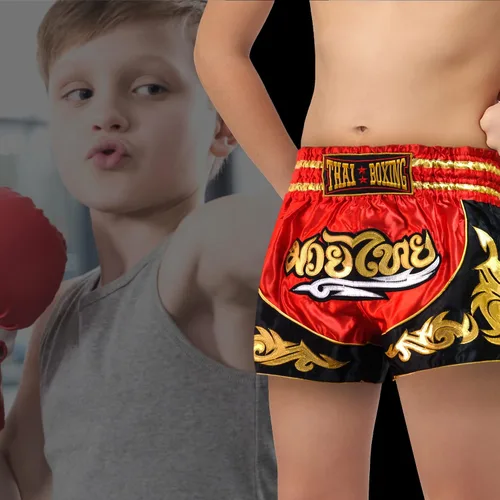 Miniatura 6 de Pantalones cortos de Muay Thai para niños (4 años a 10 años) para boxeo, kickboxing, artes marciales mixtas, entrenamiento para niños y niñas