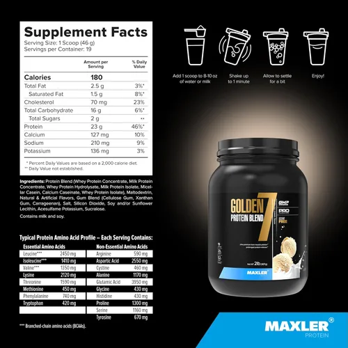 Miniatura 5 de Maxler Golden 7 Protein Blend - Proteína en polvo para ganancia muscular y recuperación - Polvo de proteína de vainilla de 2 libras
