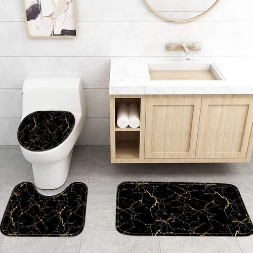 Miniatura 4 de AZHM Juego de 4 cortinas de ducha de mármol negro y dorado con cortina de ducha y alfombras y accesorios, juegos de cortina de baño de lujo con 12