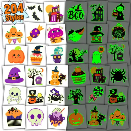 Partywind 204 hojas envueltas individualmente, tatuajes de Halloween que brillan para decoración de fiestas infantiles, calcomanías luminosas de