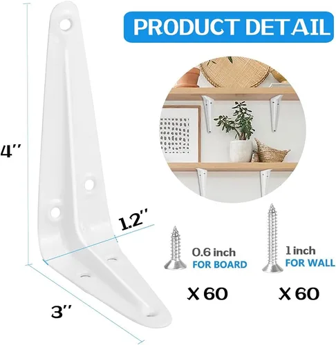 Miniatura 2 de Paquete de 20 soportes de estante de 4 pulgadas en blanco, soportes de metal de acero resistentes en L para estantes, soportes en J para pared