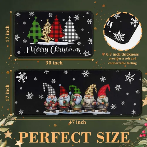 Miniatura 2 de Alfombras de cocina de cuadros de búfalo con gnomos de árbol negros, juego de 2, Merry Christmas, decoración de piso de perfil bajo para fiestas