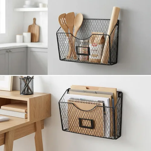 Miniatura 7 de PAG - Soporte para archivos de pared con 3 bolsillos, organizador de correo colgante, metal, alambre de gallinero, revistero con ranura para Negro