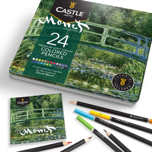 Castle Arts - Juego de 24 lápices de colores en caja de lata, colores inspirados en "Monet" perfectos. Con núcleos de colores suaves de alta