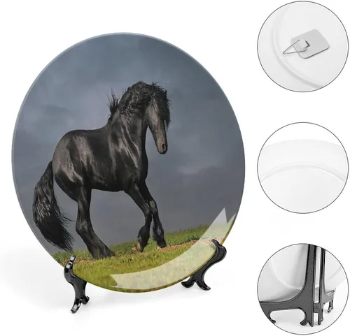 Miniatura 4 de XISUNYA Plato decorativo de 6 pulgadas, plato de cena de decoración de caballo, galope de semental friesio negro en puesta de sol tormentoso, placa