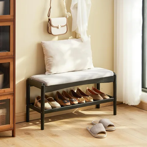 Miniatura 10 de Banco de zapatos de entrada de bambú de 2 niveles con cojín de asiento acolchado, banco de zapatos, organizador estable para entrada, pasillo, sala
