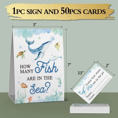 Miniatura 3 de Guess How Many Fish in the Sea Mermaid Party Game ,How Many Candy Sharks Game， Watercolor Ocean Themed Baby Showers Decorations Game(1 Sign+50