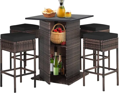 Miniatura 11 de Tangkula - Juego de barra para patio, 3 piezas de mimbre para exteriores, con 2 taburetes con cojines y mesa con cubierta de cristal, color gris