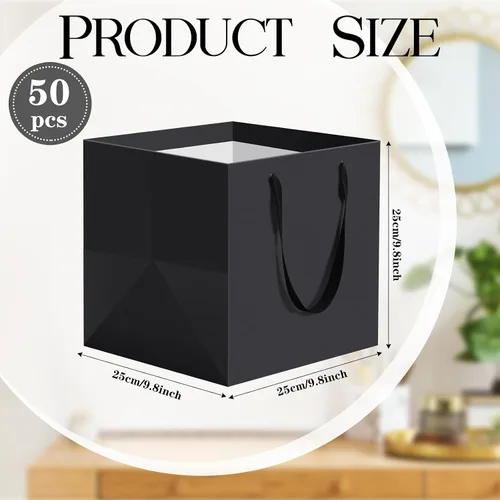 Miniatura 3 de Tenceur Paquete de 50 bolsas de regalo negras con asas de 10 x 10 x 10 pulgadas, bolsas de papel de regalo cuadradas reutilizables para regalos