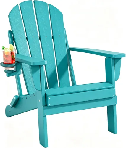 Folding Adirondack Chairs Set, All-Weather Resistant HDPE Sturdy Outside Chairs with Cup Holder and Phone Stand, Lawn Chairs, 80% Pre-Installed Load