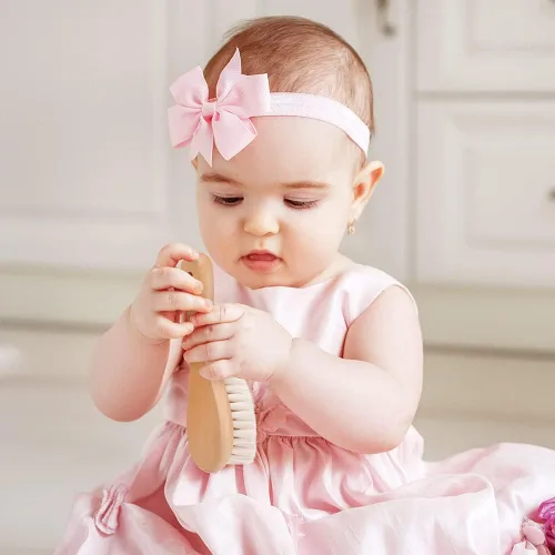 Miniatura 5 de haakaa Juego de cepillo y peine para el pelo del bebé para recién nacidos y niños pequeños, cerdas de lana suave natural y mango de madera, arregla