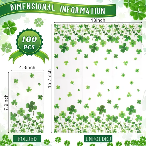 Miniatura 3 de 100 servilletas de decoración del día de San Patricio, desechables, trébol irlandés verde, trébol de la suerte, servilletas de mano para primavera