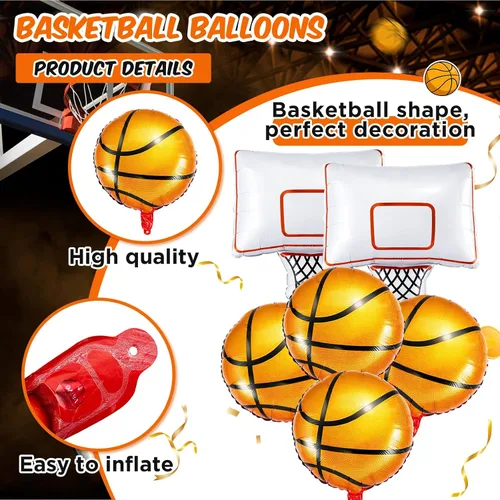 Miniatura 4 de Soulchen Juego de 6 globos de papel de aluminio para fiesta de baloncesto con 4 globos de baloncesto naranjas y 2 globos decorativos de aro
