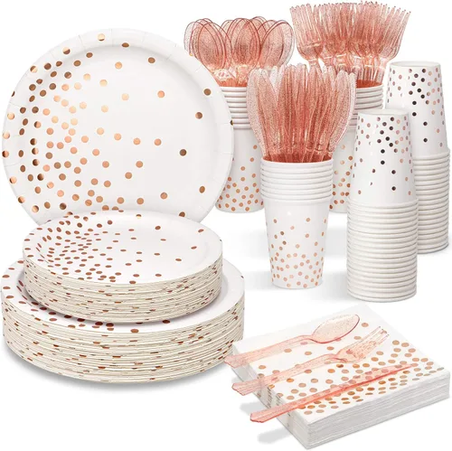 Partylamb Suministros de fiesta de color blanco y oro rosa, juego de vajilla desechable de 350 piezas con platos, servilletas, tazas, tenedores,