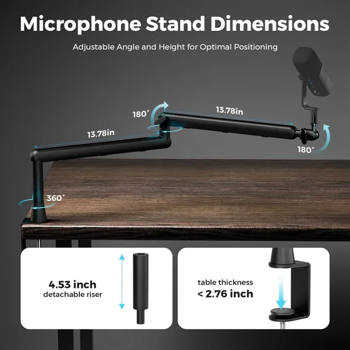 Miniatura 3 de NearStream Soporte de micrófono con adaptadores de 1/4", 3/8" y 5/8", brazo de micrófono ajustable con gestión de cables, elevador de 4.5", soporte