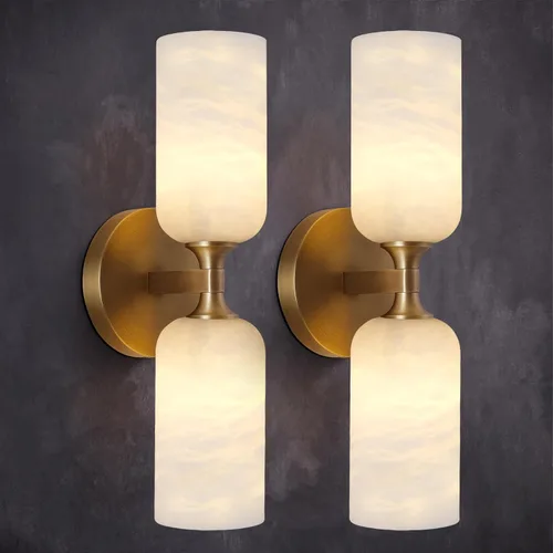 Miniatura 14 de Apliques de pared de alabastro español natural de 12 pulgadas, modernas luces doradas de latón para espejo de baño, lámpara de pared E12 con Latón