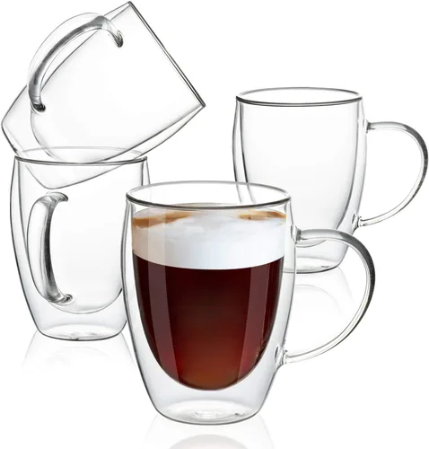 Miniatura 7 de MEWAY Paquete de 2 tazas de café de 16 onzas, taza de doble pared de vidrio transparente grueso con asa para café, té, café con leche, capuchino