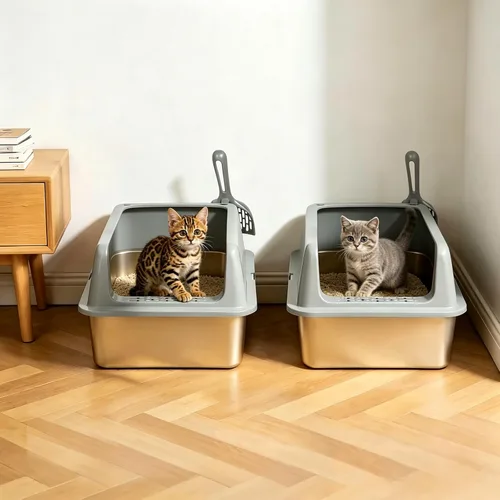 Miniatura 7 de Kirecoo Paquete de 2 cajas de arena de acero inoxidable con tapa, caja de arena de metal cerrado mediano para gatos, bandeja de arena antifugas