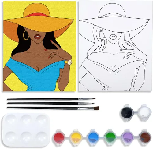 Miniatura 6 de VOCHIC Kit de pintura de lienzo predibujado para adultos, kits de fiesta de pintura y sorbos, suministros de fiesta de 8 x 10 pulgadas, 1 caballete