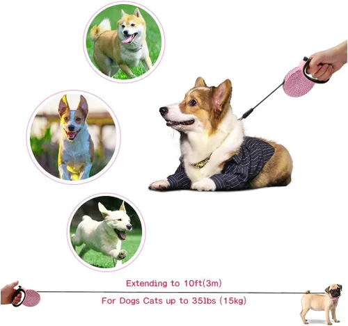 Miniatura 5 de Correa retráctil para perro con diamantes de imitación rosa de 10 pies, correa brillante para mascotas y gatos para razas pequeñas, correa