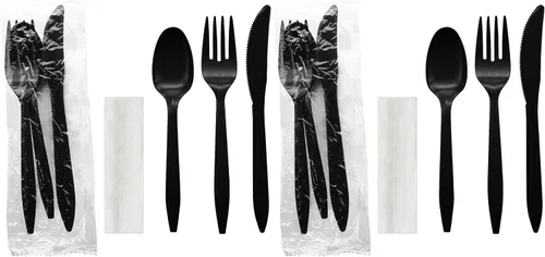 Miniatura 15 de Party Essentials Paquetes de cubiertos de plástico envueltos individualmente, tenedor/cuchara/cuchillo/servilleta/sal/pimienta, 50