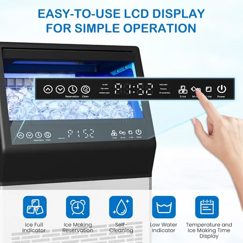 Miniatura 6 de Máquina comercial para hacer hielo, 110 libras/24 horas, de acero inoxidable, con capacidad de almacenamiento de 12 libras, autolimpieza, pantalla