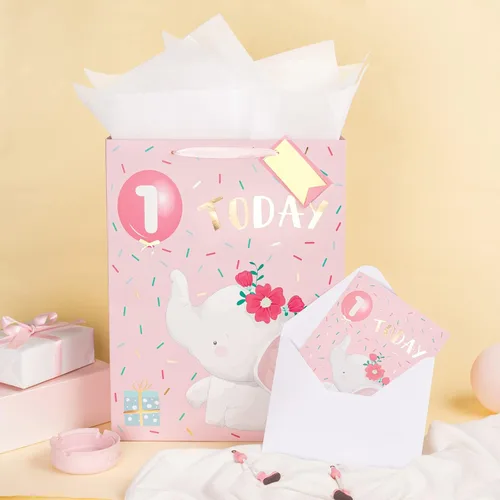 Miniatura 5 de WRAPAHOLIC Bolsa de regalo extra grande de 16.5 pulgadas con tarjeta y papel de seda, adorable diseño de elefante para bebé, baby shower, fiesta