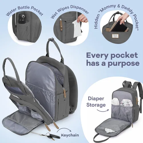 Miniatura 4 de RUVALINO Mochila para pañales, mochila de viaje multifunción, bolsa de maternidad para bebé, gran capacidad, impermeable y elegante, gris hierro