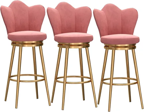 Miniatura 10 de Juego de 4 taburetes giratorios de terciopelo rosa, modernos taburetes tapizados de altura de mostrador con respaldo para isla de cocina, sillas