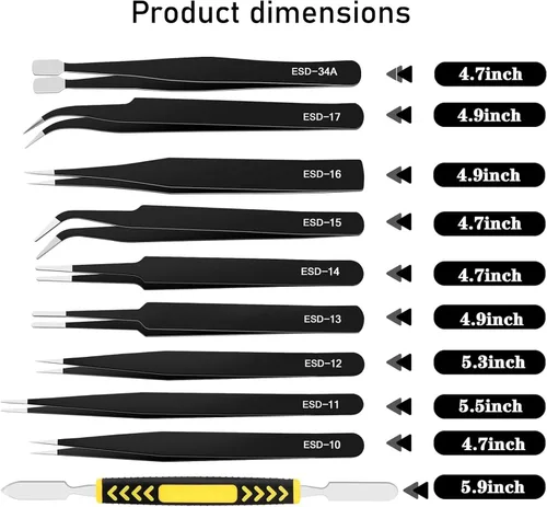Miniatura 9 de Rackii Juego de pinzas de precisión de 10 piezas, seguro ESD, antiestático, antimagnético, de acero inoxidable, con bolsa de almacenamiento