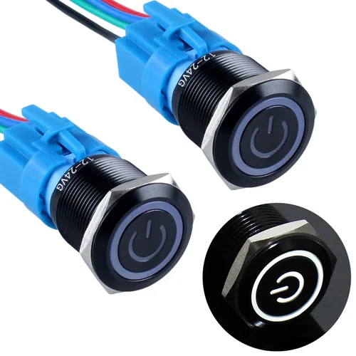 Miniatura 10 de 2 piezas interruptor de botón pulsador con pestillo de 16mm, 12V-24V, encendido/apagado, 1NO 1NC, impermeable IP66, carcasa de metal negro