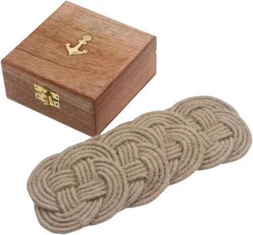 Miniatura 8 de Juego de 4 posavasos con soporte de caja de madera, posavasos absorbentes para bebidas y mesa de café, posavasos hechos a mano con cuerda de yute