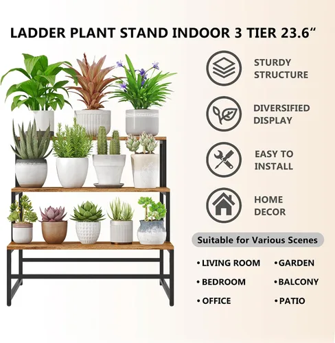 Miniatura 6 de Soporte para plantas de 23.6 pulgadas de ancho para interiores, estante escalera para plantas moderno de 3 niveles, organizador de macetas