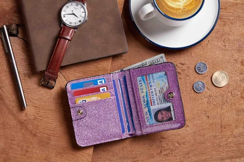 Miniatura 6 de Gostwo - Cartera compacta de piel genuina de lujo para mujer con bloqueo de RFID y ventana de identificación