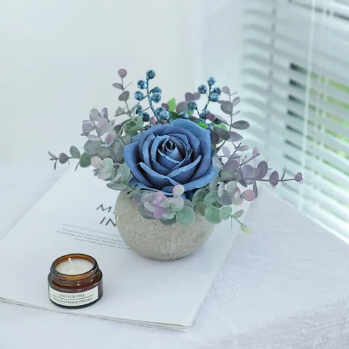 Miniatura 6 de Decoración de rosas artificiales en maceta, mini plantas de imitación para decoración de interiores, rosas falsas para el hogar, baño, cocina