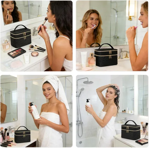 Miniatura 4 de Bolsa de maquillaje de viaje para mujer, estuche grande para cosméticos, resistente al agua, organizador para guardar artículos de tocador, A-Negro