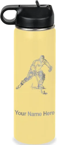 Miniatura 23 de LaserGram Botella de agua personalizada, jugador de hockey, acero inoxidable de doble pared aislada al vacío con popote superior, regalo grabado