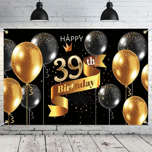 Miniatura 12 de Cartel de fondo de feliz cumpleaños 15 – Suministros de decoración de fiesta de cumpleaños 15 para niños – Oro negro 3.9 x 5.9 pies
