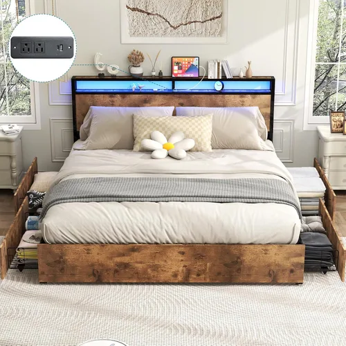 Miniatura 13 de Kiivakii Estructura de cama tamaño completo con cabecero, cama plataforma LED con 4 cajones de almacenamiento, estación de carga integrada, sin Negro