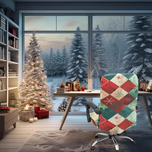Miniatura 3 de Funda para silla de oficina de Navidad, color verde, alce impreso, piña, árbol de Navidad, copo de nieve, cascabel, funda elástica para silla